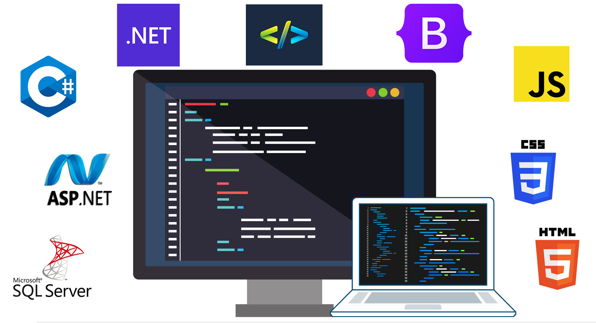 Monitor, laptop y logos de HTML, CSS, JavaScript y React.
